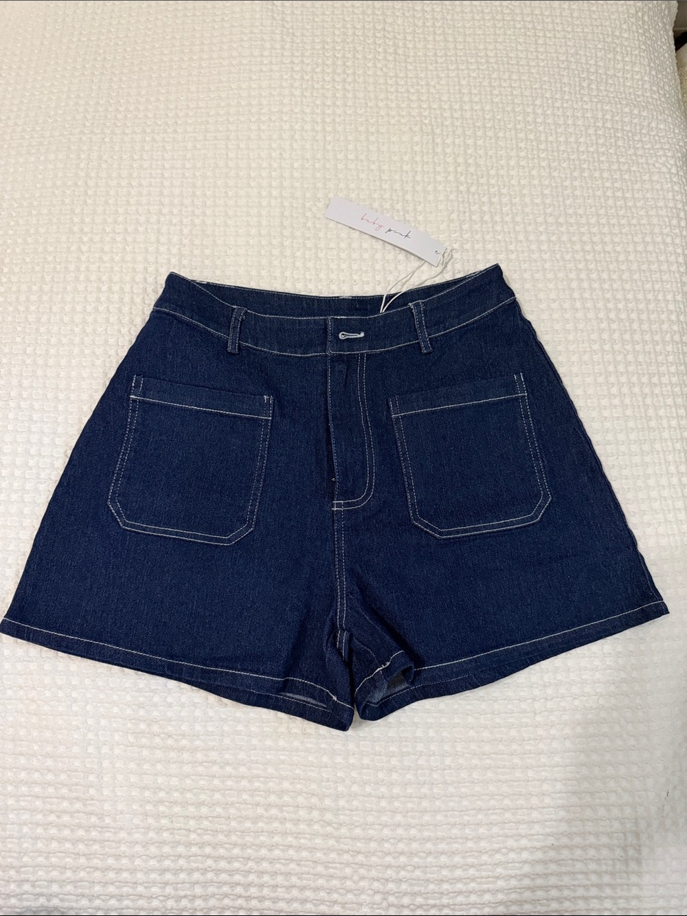 Beginning Boutique Dark Blue High-Rise Front Pocket Denim Shorts
